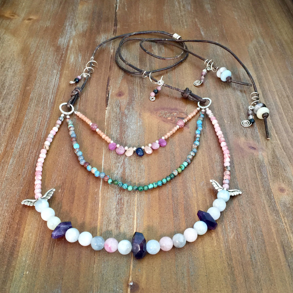 Artisan Jewelry - Beryl Amethyst Pink Sapphire Natural Boho Necklace